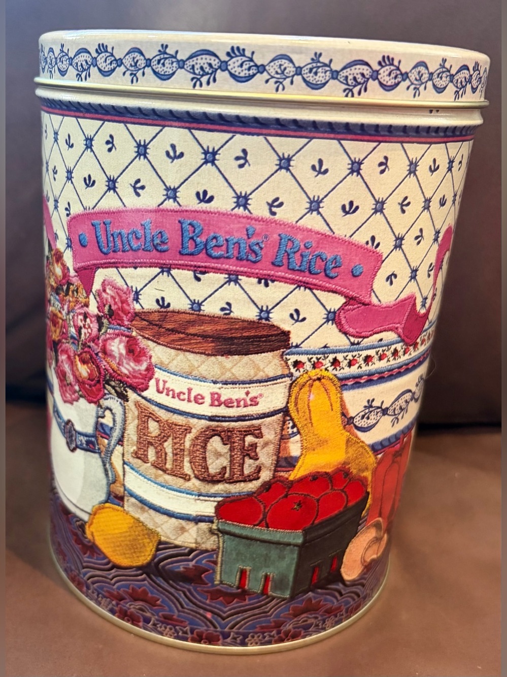 Vintage 1987 Uncle Ben's Rice Tin Canister Embroidered Vegetable Design